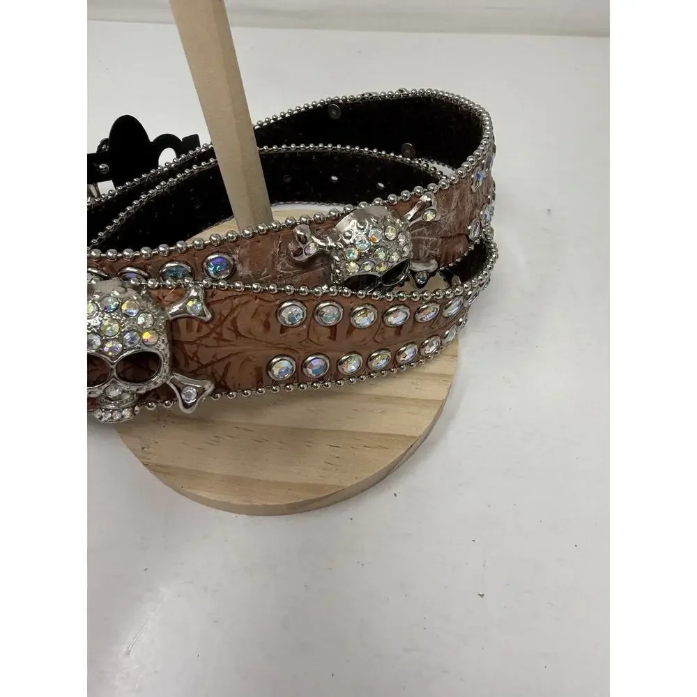 Rhinestone Western Belt Skull Brown Silver Clear Stone Unisex Size M New Leather